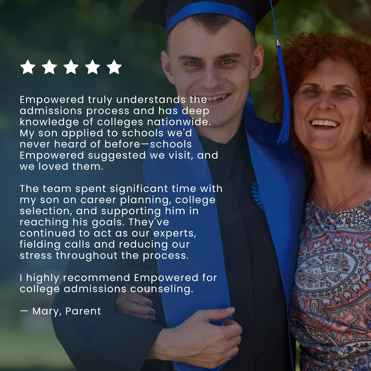 Five-star testimonial from Mary, parent
