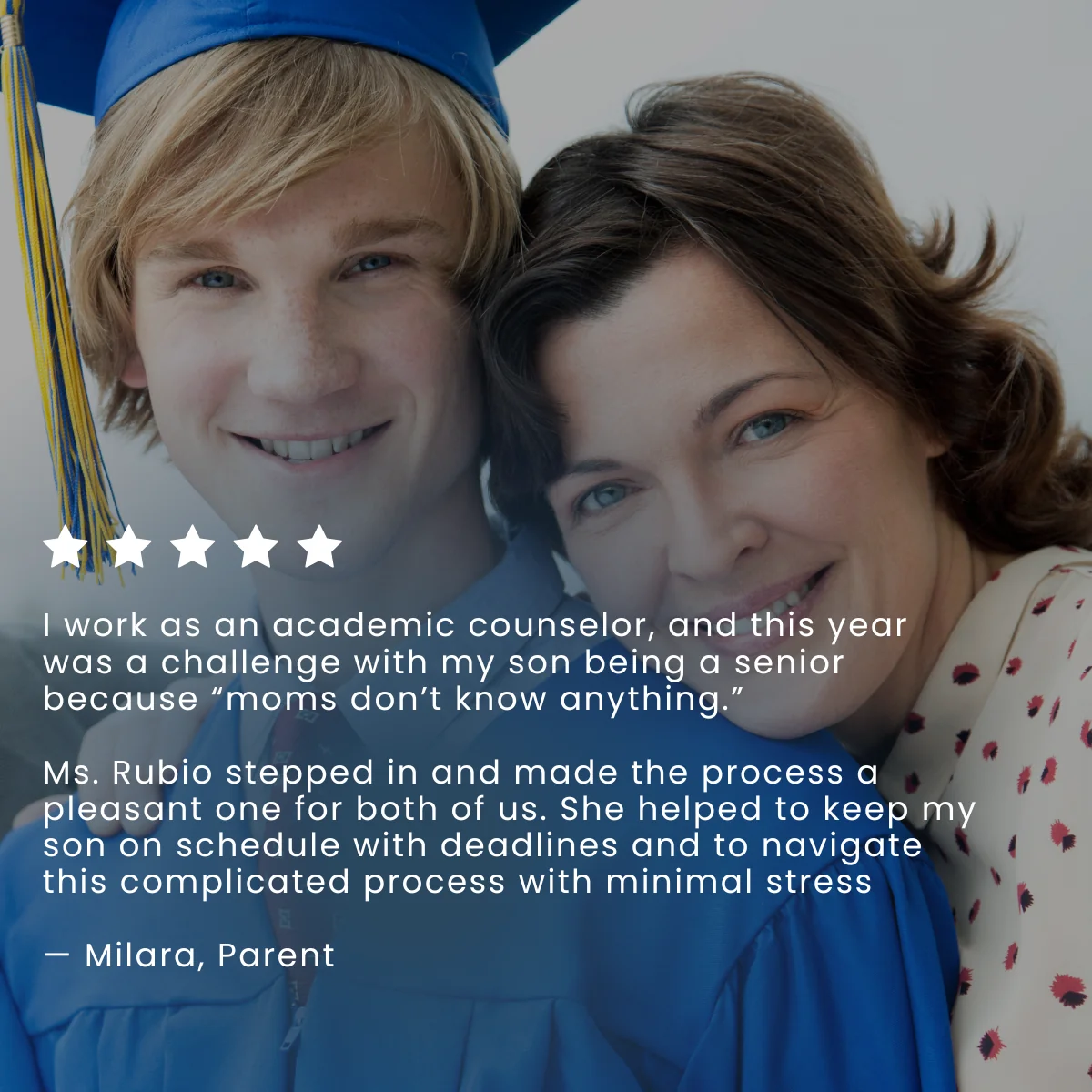 Five-star testimonial from Milara, parent and academic counselor