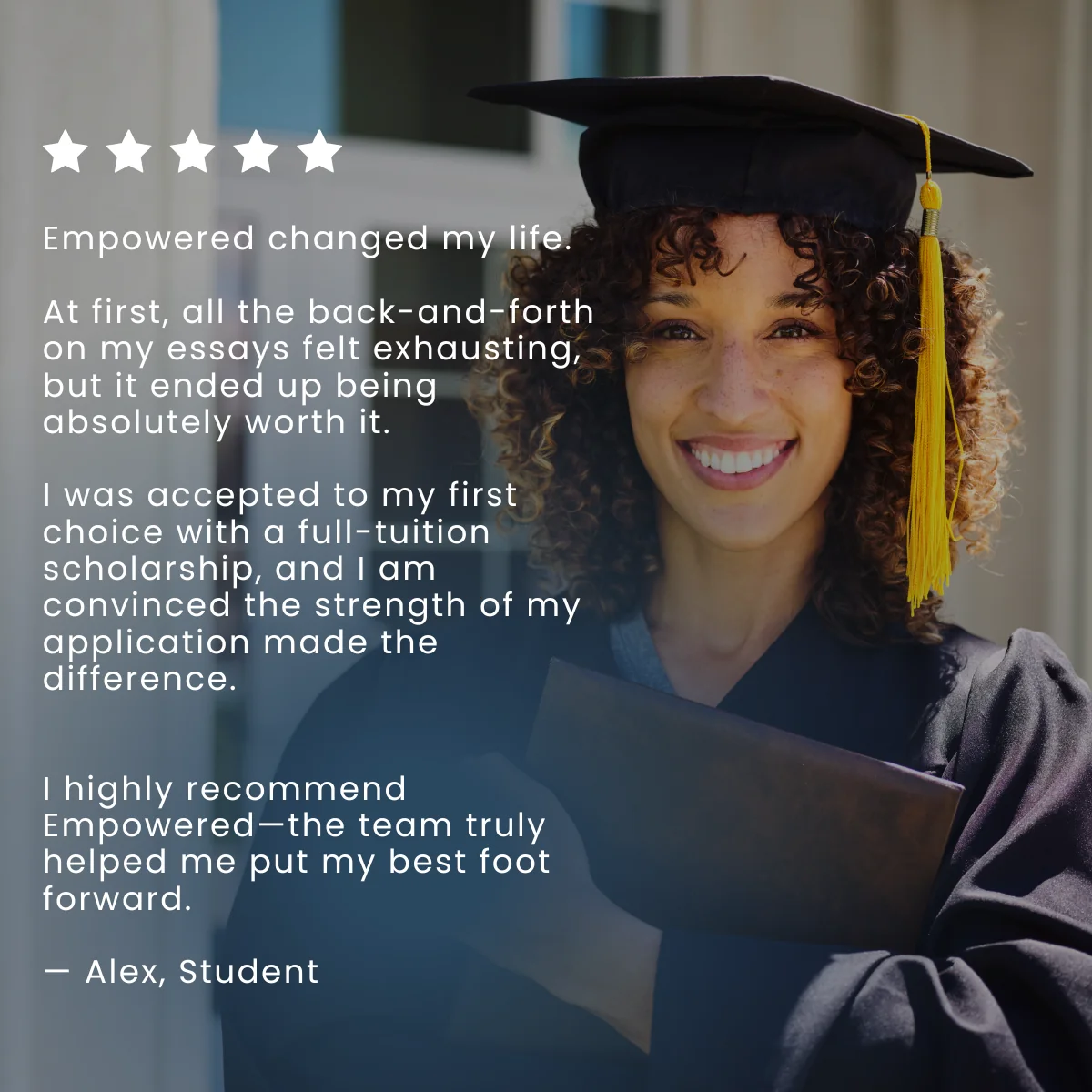 Five-star testimonial from Alex, student