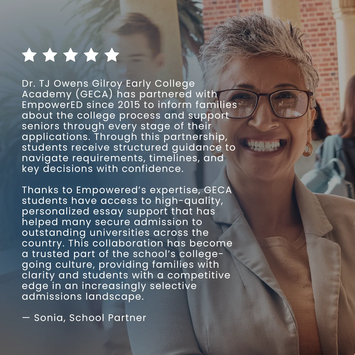 Five-star testimonial from Sonia, school partner at Dr. TJ Owens Gilroy Early College Academy