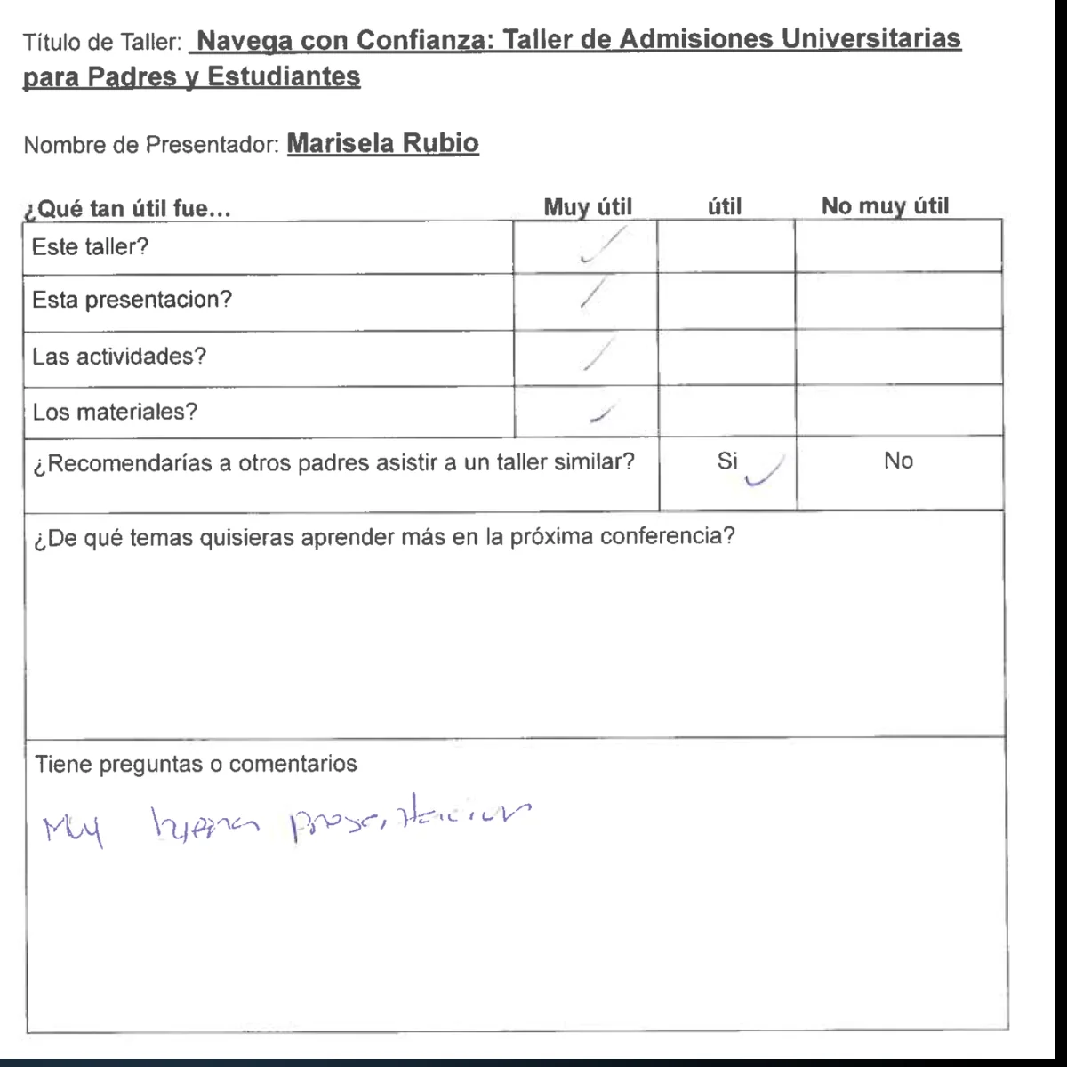 Scanned evaluation form for Empowered Admissions' bilingual parent workshop, rated very helpful
