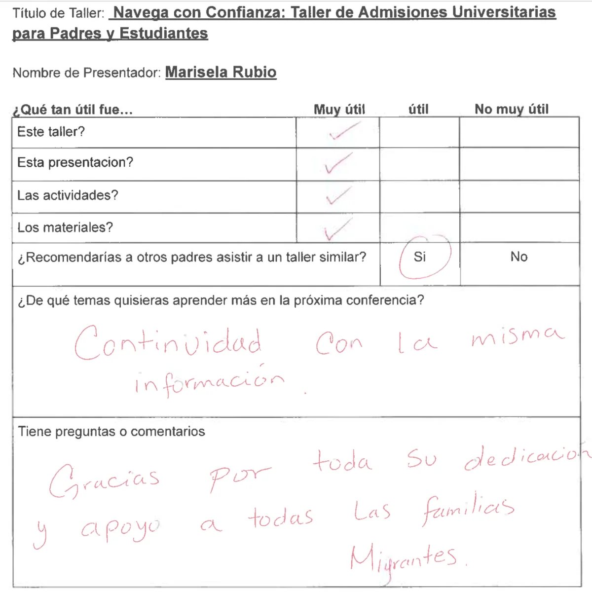 Scanned evaluation form for Empowered Admissions' bilingual parent workshop, with a handwritten thank-you note