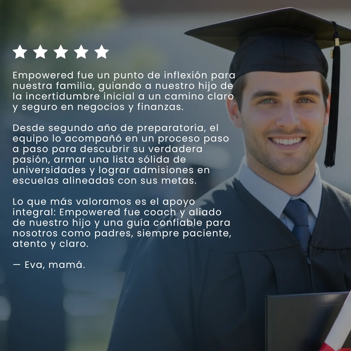Five-star testimonial from Eva, parent, in Spanish