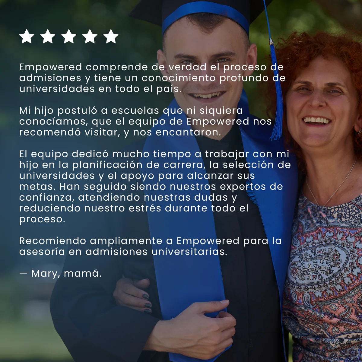 Five-star testimonial from Mary, parent, in Spanish