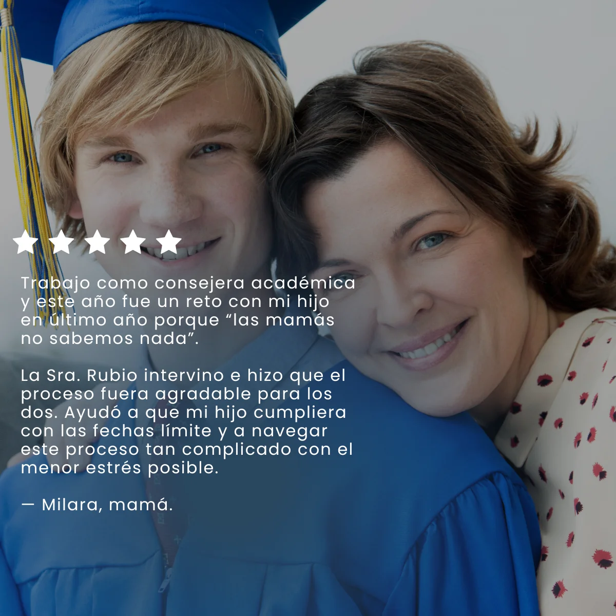 Five-star testimonial from Milara, parent and academic counselor, in Spanish