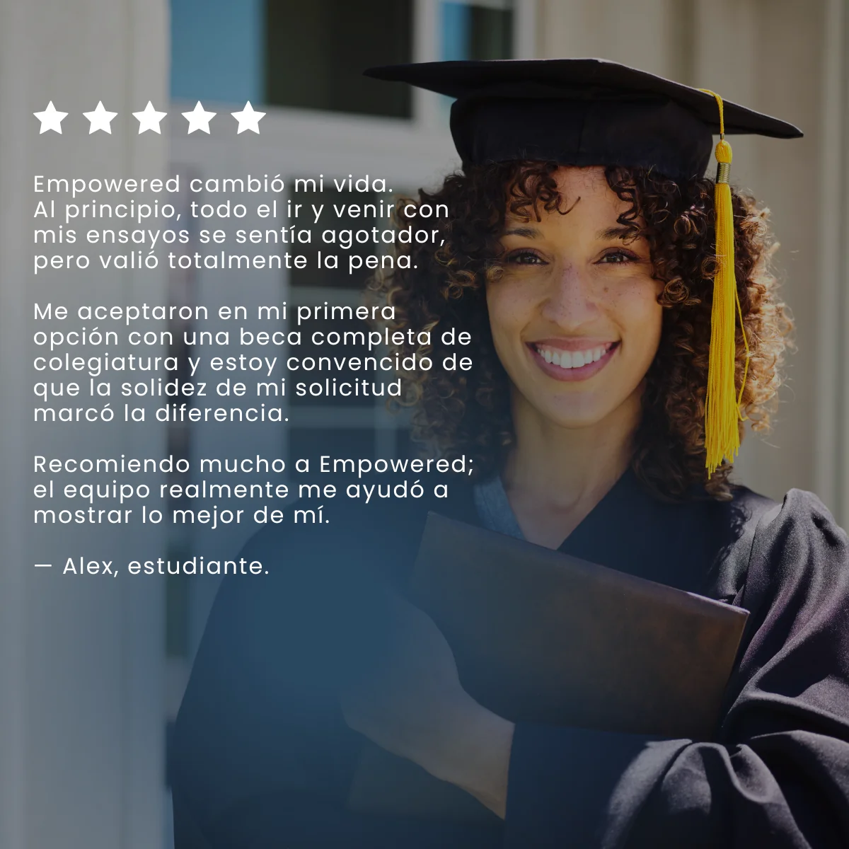 Five-star testimonial from Alex, student, in Spanish